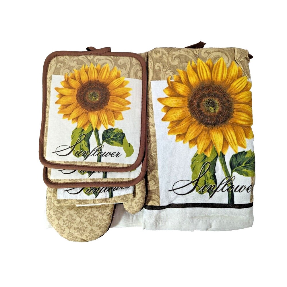 Sunflower Kitchen Towels 7-Pc Oven Mitt Potholders Dish Cloths Summer Gift NEW